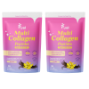 Two pink and purple collagen powder packets with vanilla and collagen icons.