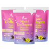 Three pink and purple collagen supplement packs with vanilla orchid illustrations.