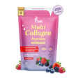 Pink collagen supplement package with berry graphics and health labels.